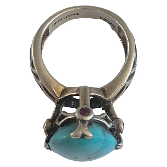 Hand Crafted Sterling Silver 925 Turquoise High Set Celtic Cross Geometric Ring - Picture 2 of 7
